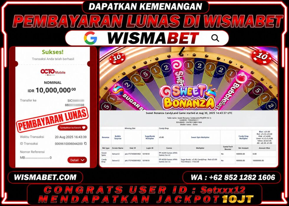 Wismabet - BUKTI KEMENANGAN Sweet Bonanza Candyland Rp10,000,000,- LUNAS